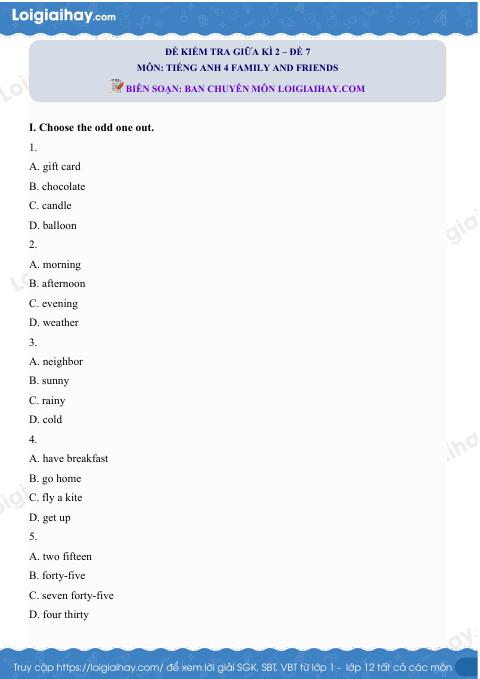 Đề thi giữa kì 2 Tiếng Anh 4 Family and Friends - Đề số 7